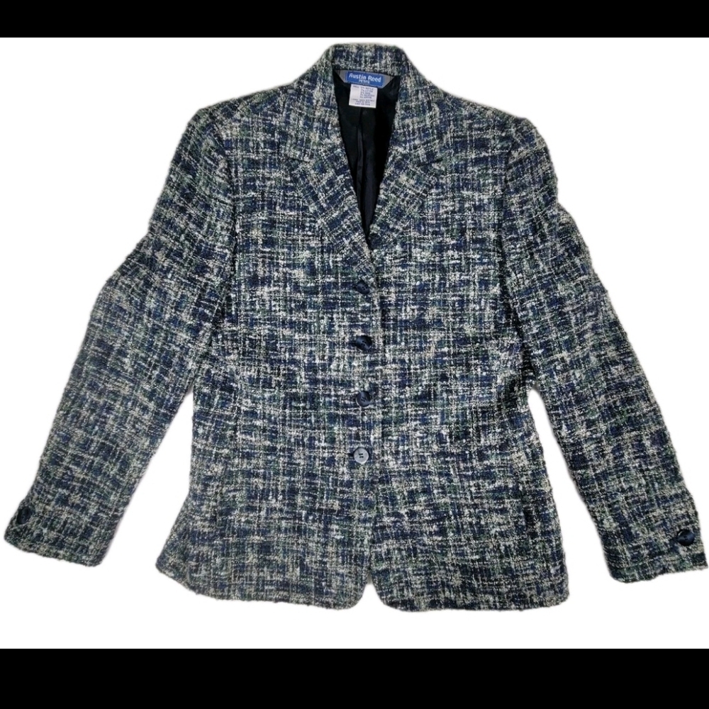 Austin Reed Vintage Womens Tweed Wool Blazer Size Petite Small Blue Classic City